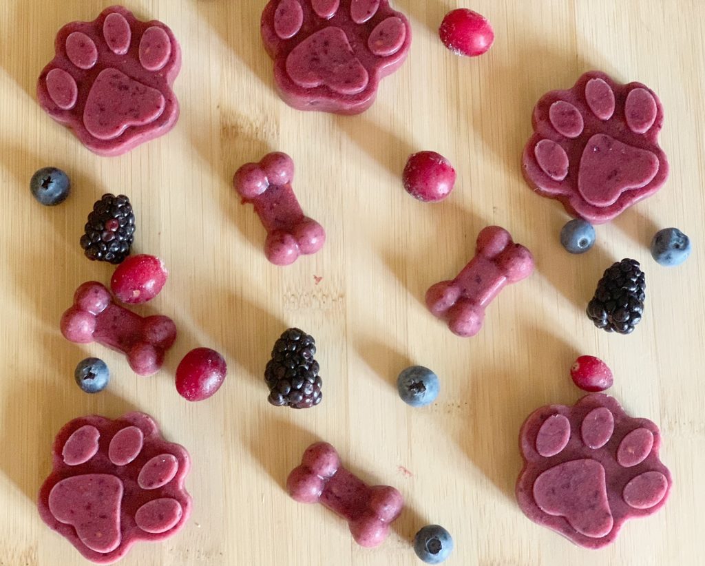 ingredients for blueberry frozen dog treats, blueberries, cranberries, black berries and goat milk