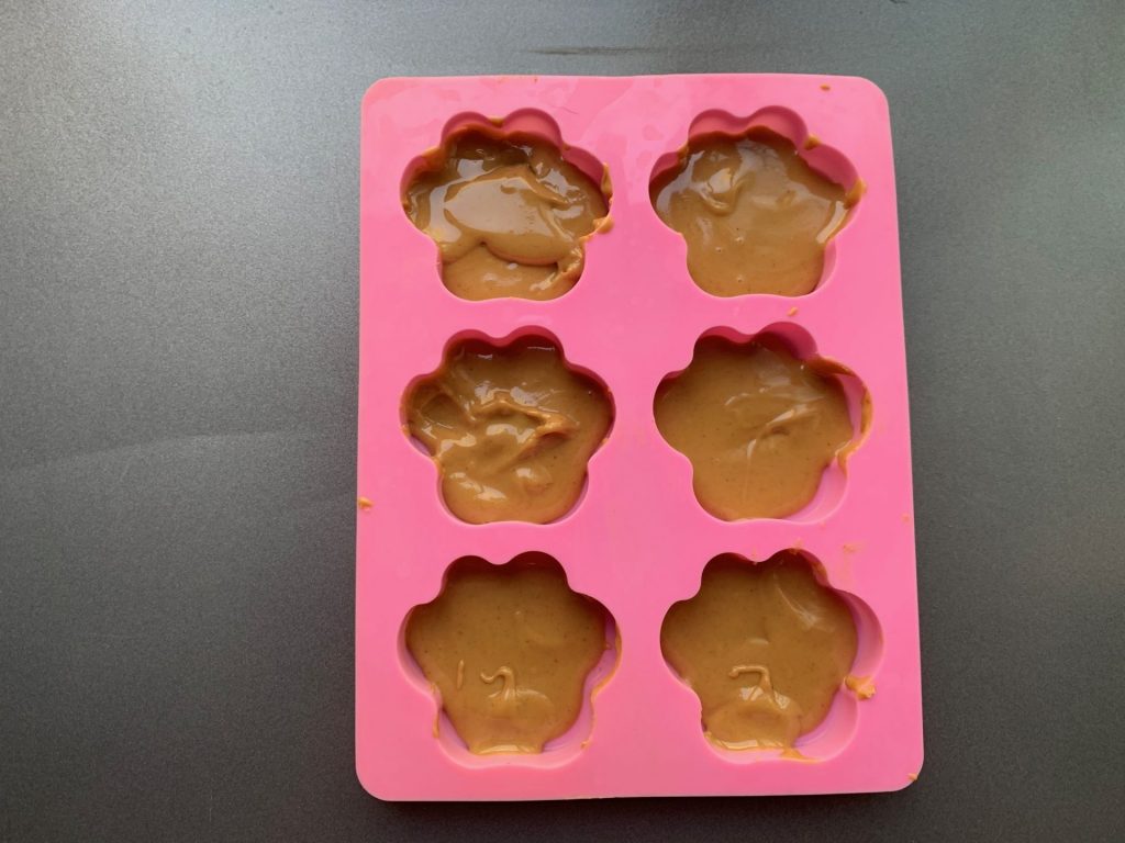 frozen dog treats in silicone paw mold