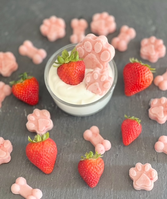 frozen strawberry yogurt dog treats in paw and bone shapes
